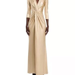 Chiara Boni Metallic Gold Long Sleeve Twist Front Maxi Dress